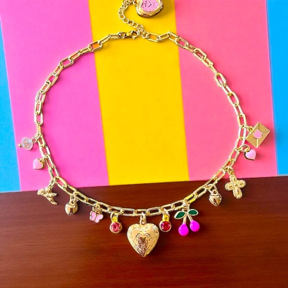 Charming Gold Toned Locket Necklace with Pink Enamel and Crystal Accents 17”-19” - Picture 1 of 11